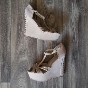 3/$30 Studded Nude Suede Platform Wedge Heels